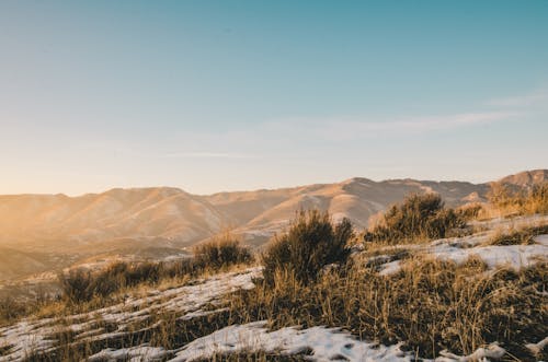 Gratis Rumput Hijau Dan Coklat Tertutup Dengan Salju Menghadap Bukit Coklat Dan Pegunungan Di Bawah Langit Biru Jernih Di Siang Hari Foto Stok