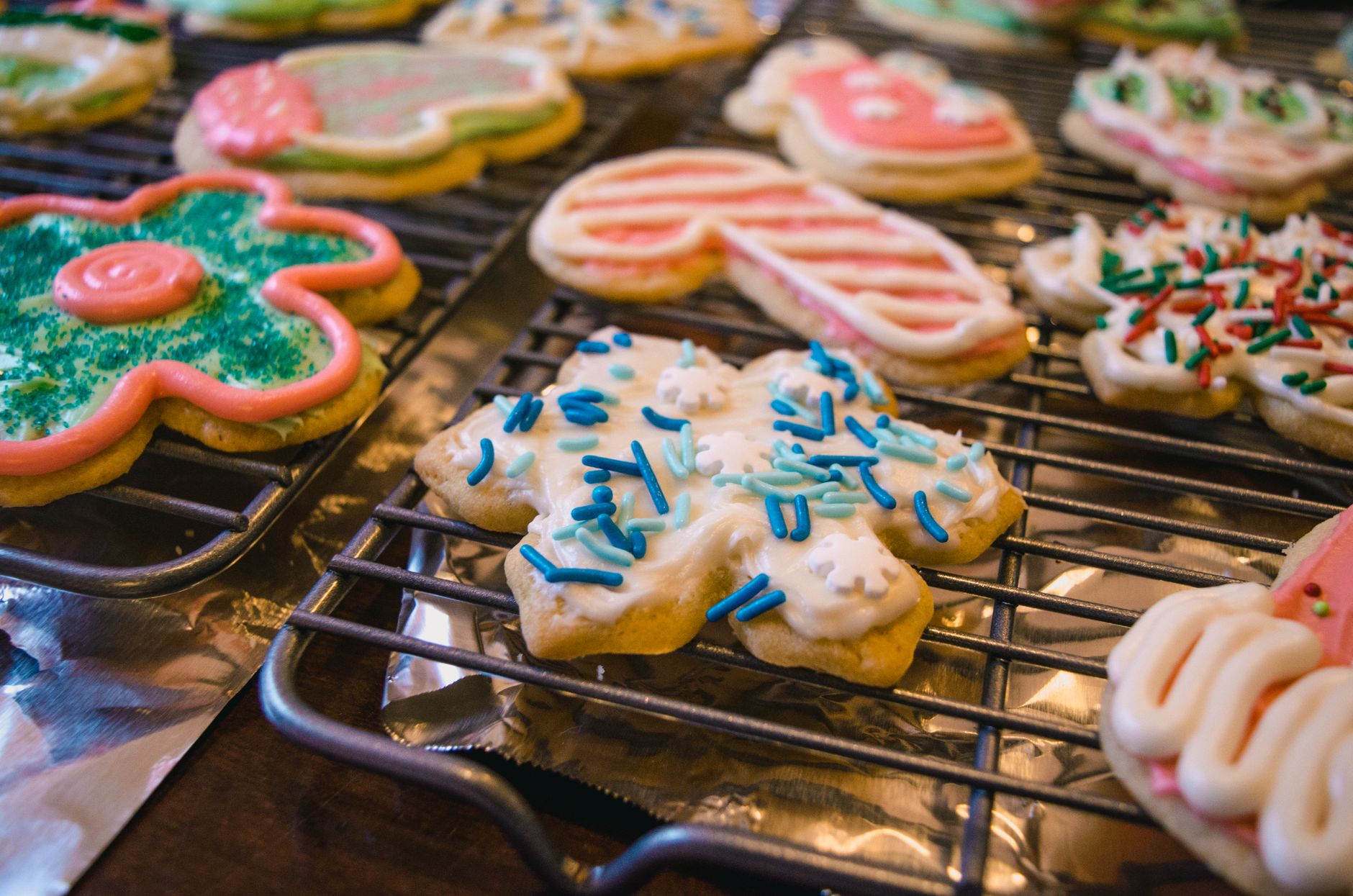 Soft sugar cookies cooling on a wire rack after baking