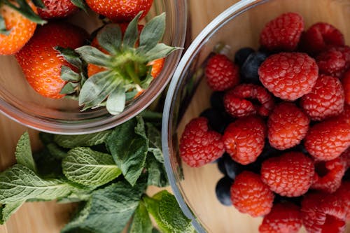Fresh Berries on Glass Bowls