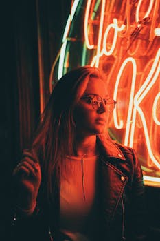 在霓虹灯闪烁的夜生活中，一位穿着皮夹克的女人陷入沉思