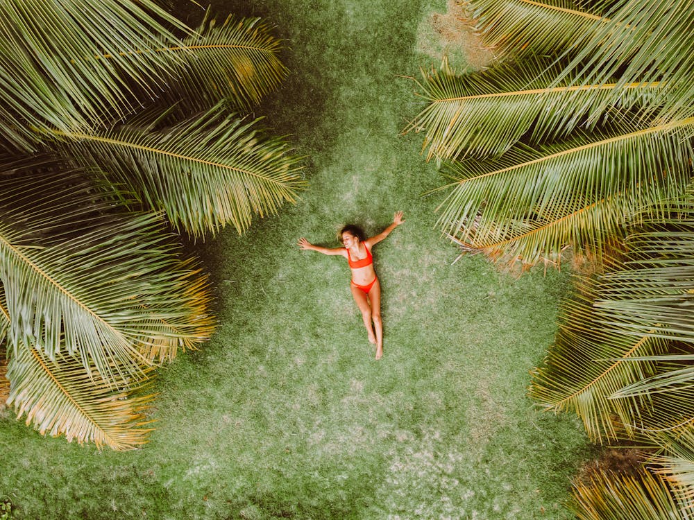 Woman lying on green grass among palms at resort