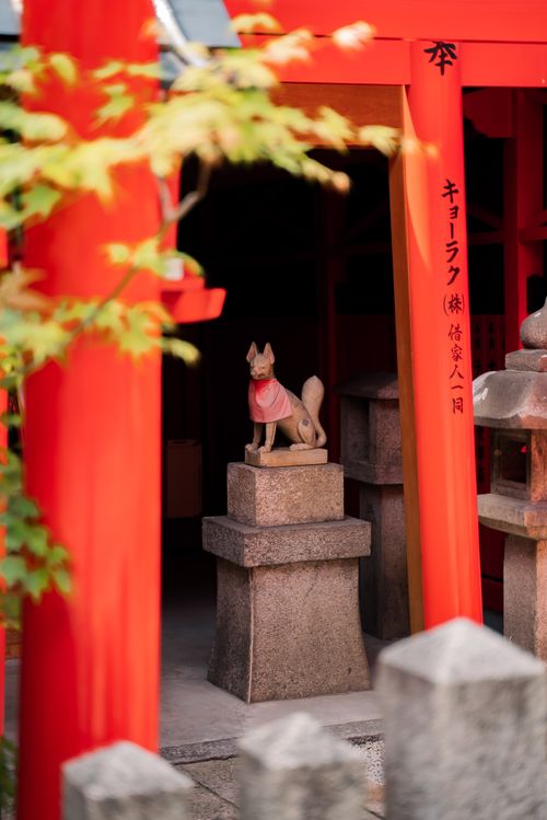 Free Fox statue at Fushimi Inari Taisha Shrine, Kyoto, framed by red torii gates. Stock Photo