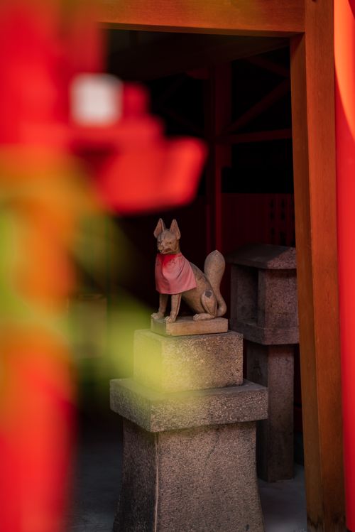 Free Stone fox figurine at a shrine in Kyoto, Japan, surrounded by vibrant red. Stock Photo