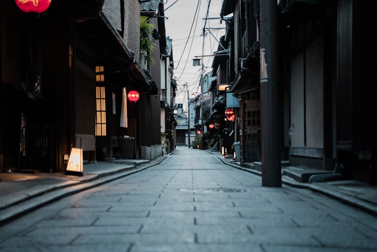 Wooden Houses With Japanese Lanterns