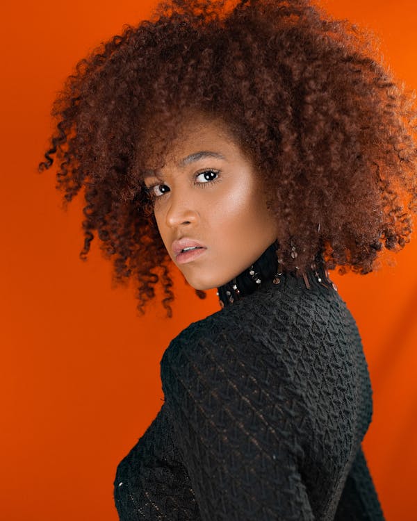 Stylish black female with curly hair looking at camera against red ...