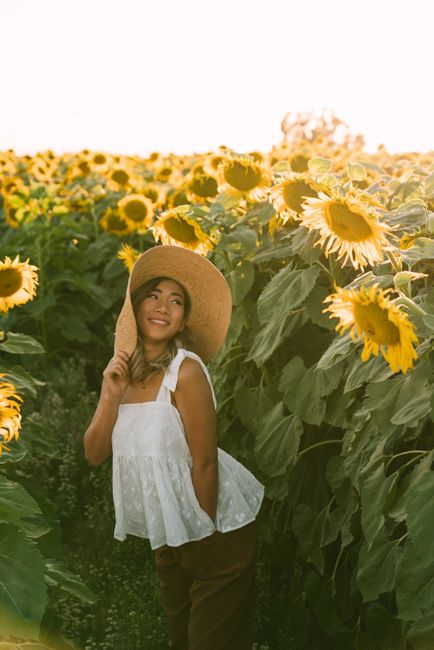 Asian woman in a sunflower field, smiling under a sun hat during a beautiful sunset.