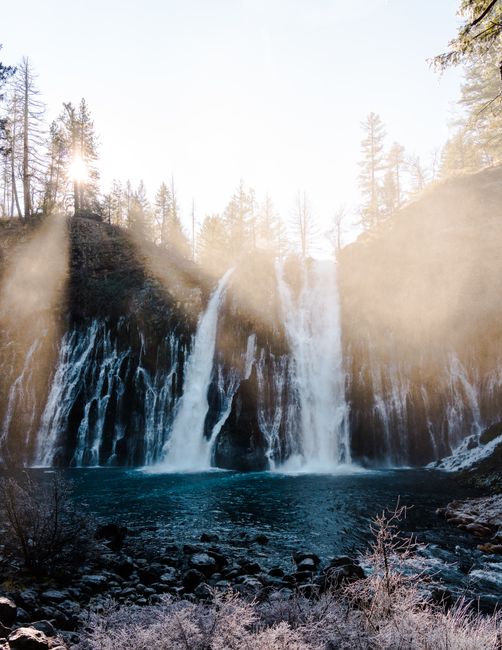 A wide view of Burney Falls cascading into a clear pool surrounded by evergreen forest