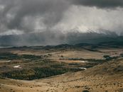 Scenery view of sandy mounts with coniferous and faded trees under misty sky in autumn evening