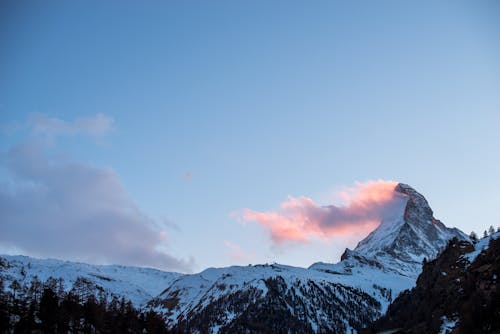 An Aerial Photography of a Snow Covered Mountain Under the Blue Sky