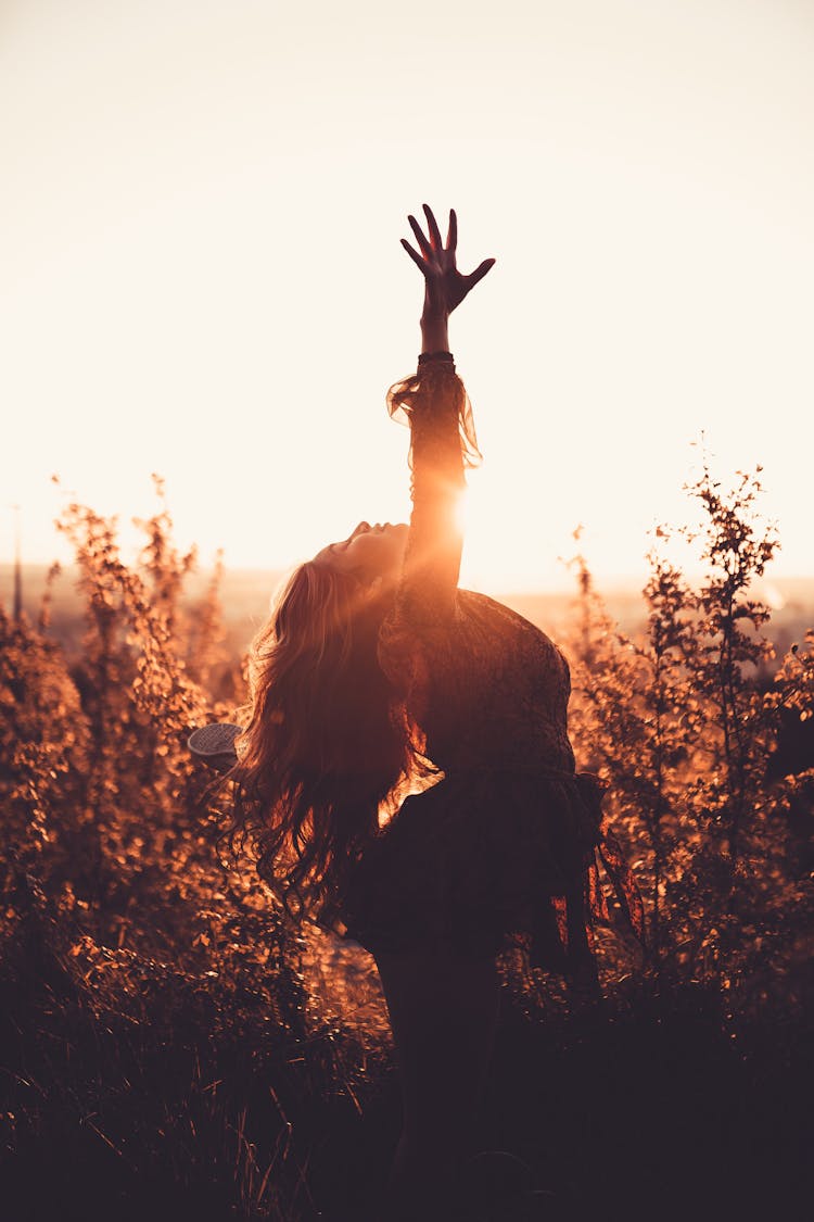 Dancer With Raised Arm Between Bushes In Sunbeams