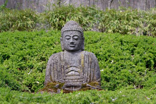 Free Stone Buddha statue surrounded by lush greenery in a tranquil outdoor setting. Stock Photo