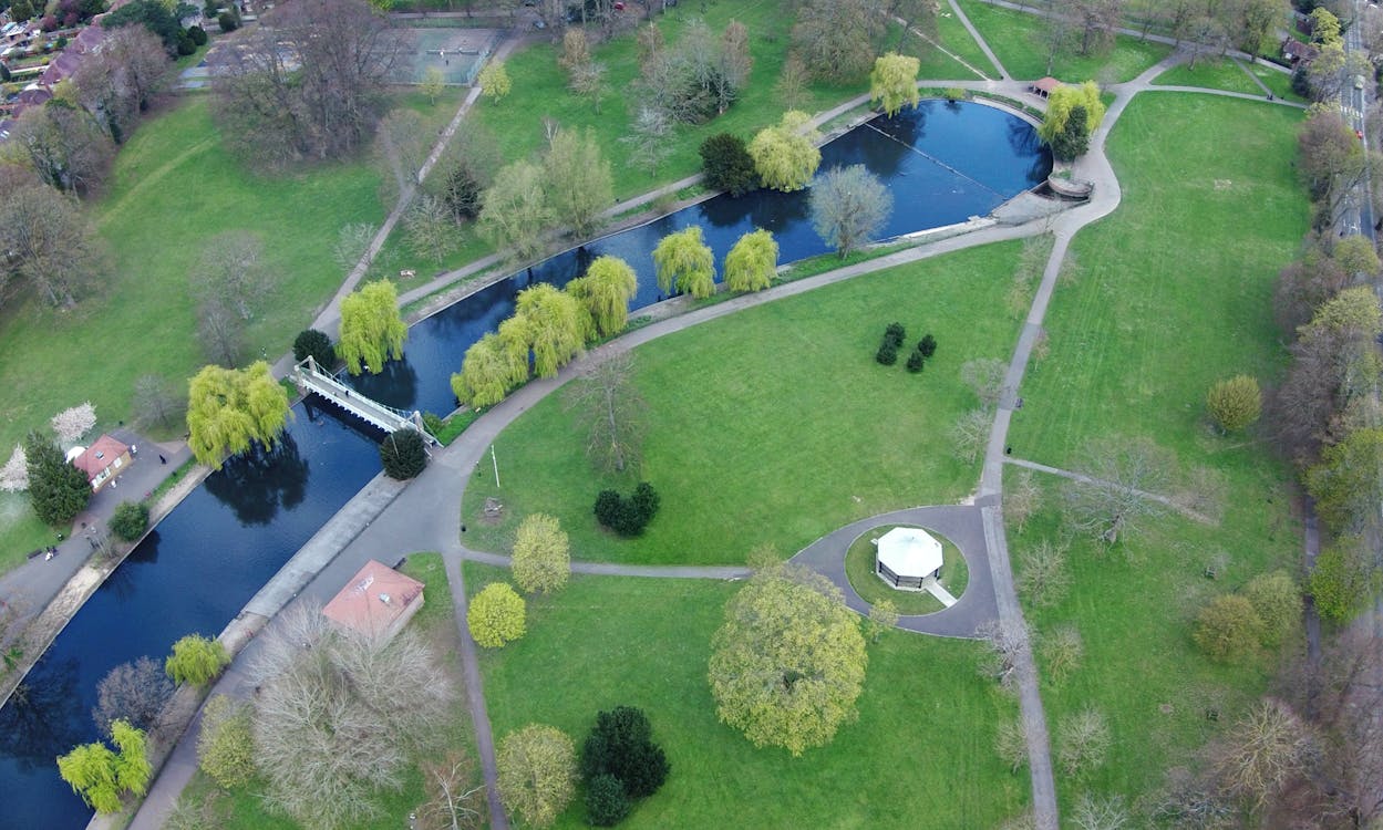 Free High Angle View of a Green Park with a Pond Stock Photo