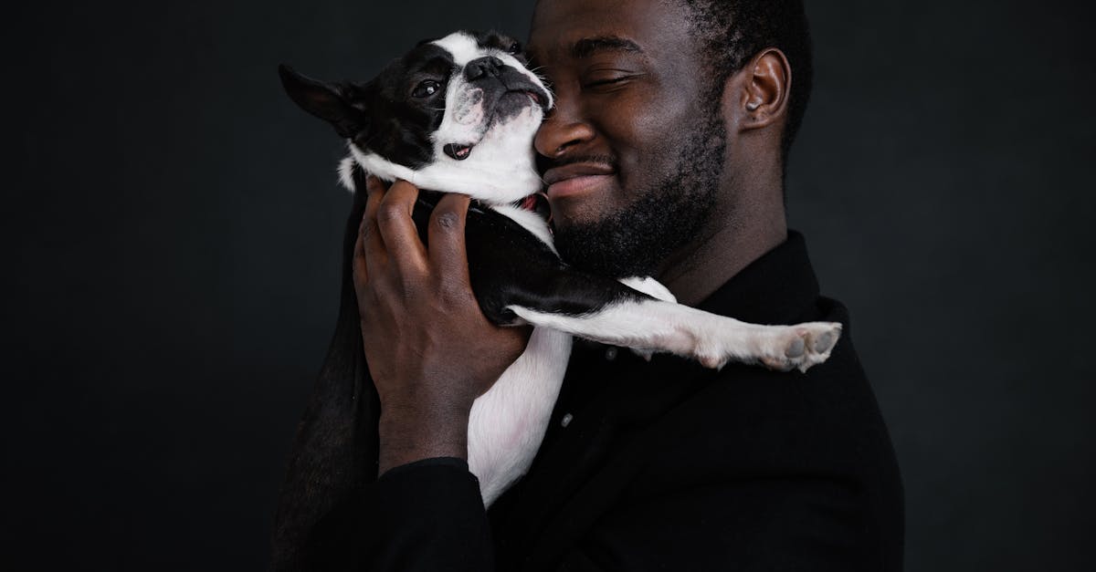 Side view of African American unshaved male in black jacket embracing cute Boston Terrier with closed eyes against black background