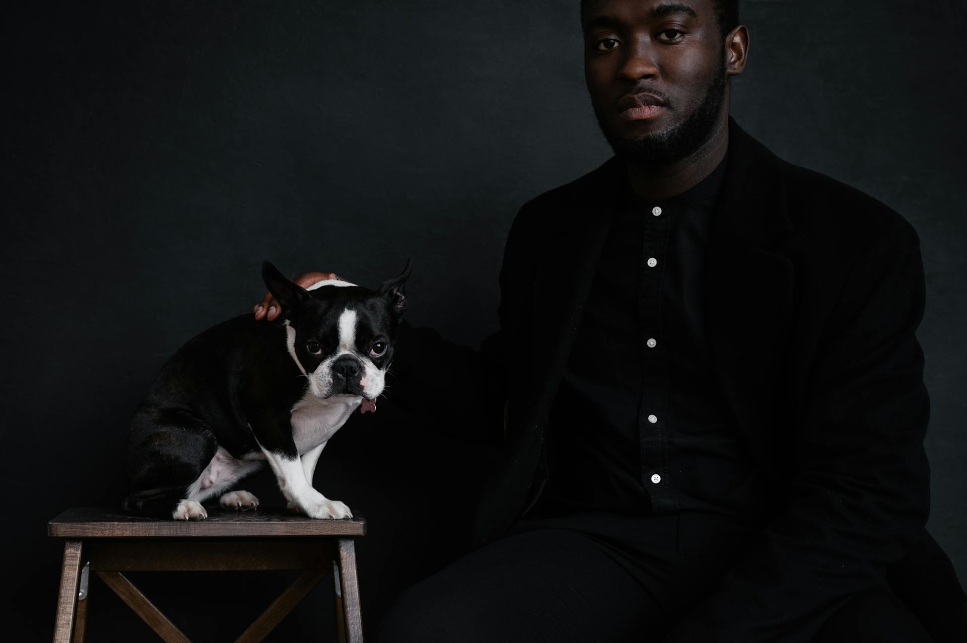 Crop African American male wearing black shirt sitting near thoroughbred black and white dog with hand on back of pet on black background