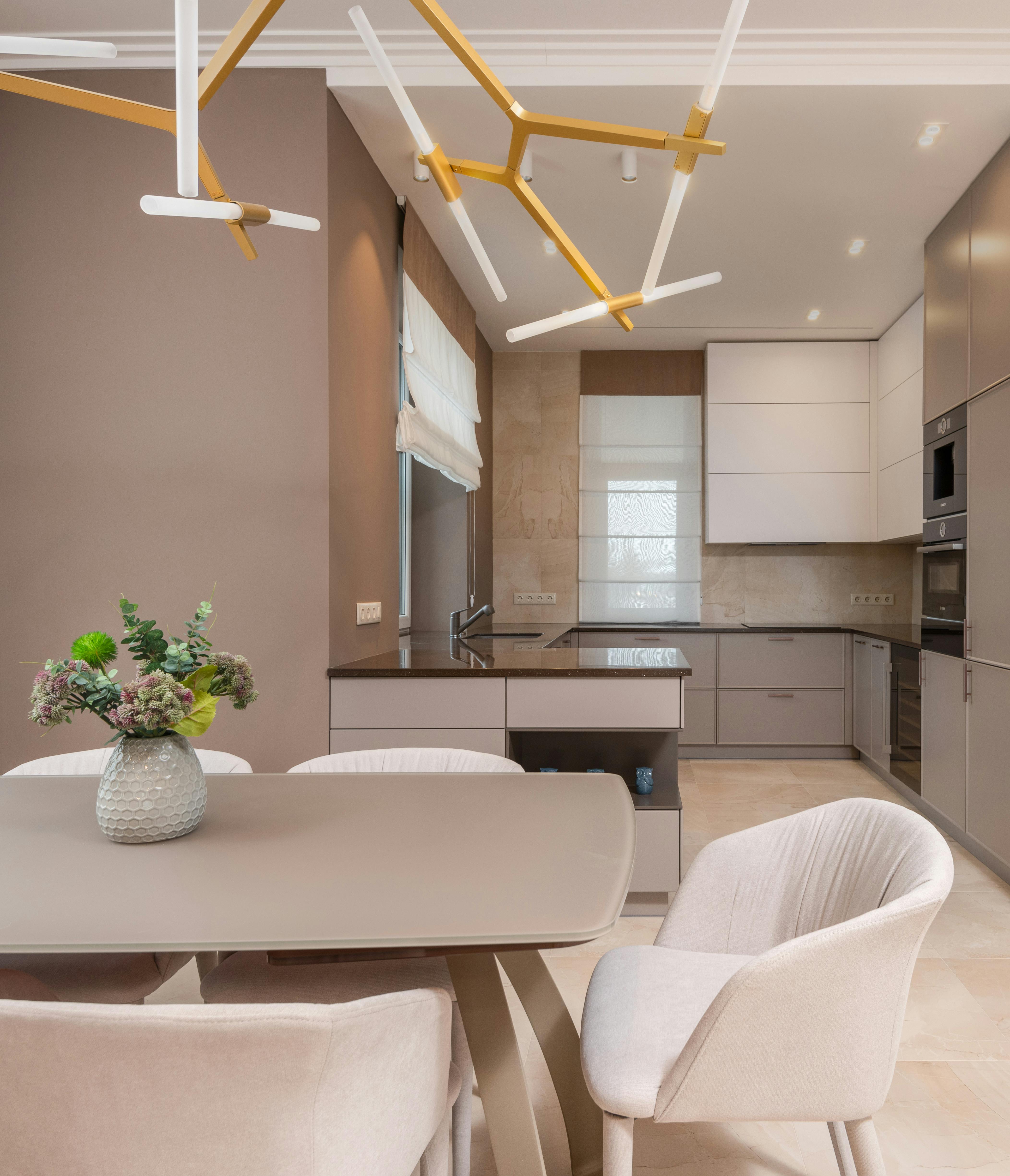 stylish kitchen and dining area