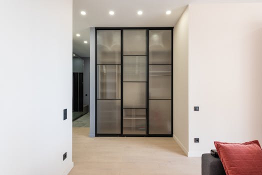Contemporary closet with glass doors built in wall in spacious hallway in new flat