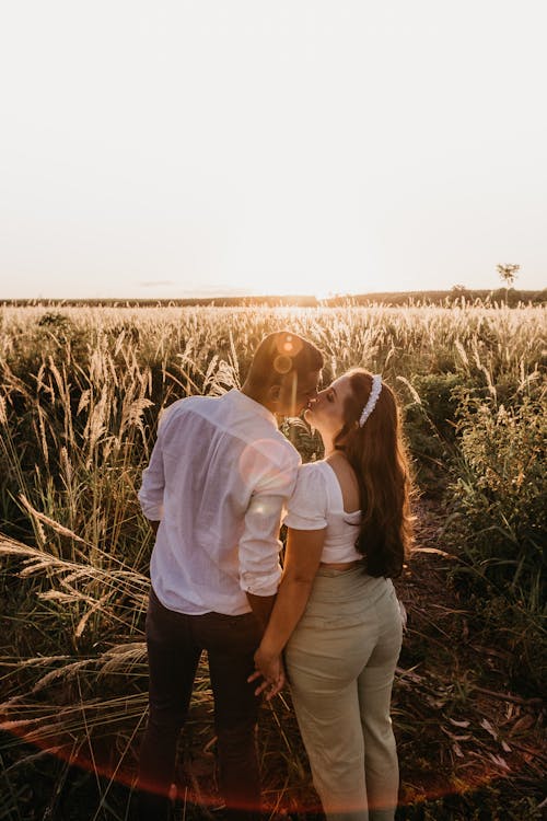 Loving couple kissing in field at sunset