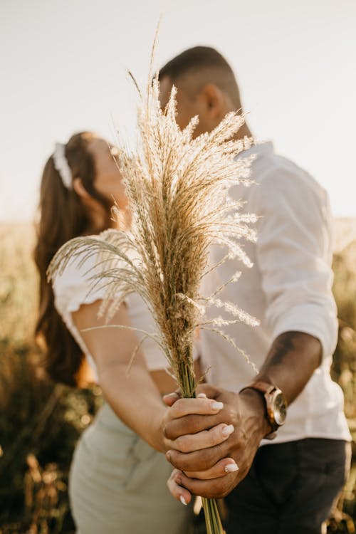 Diverse couple hiding behind bunch of cereal grass