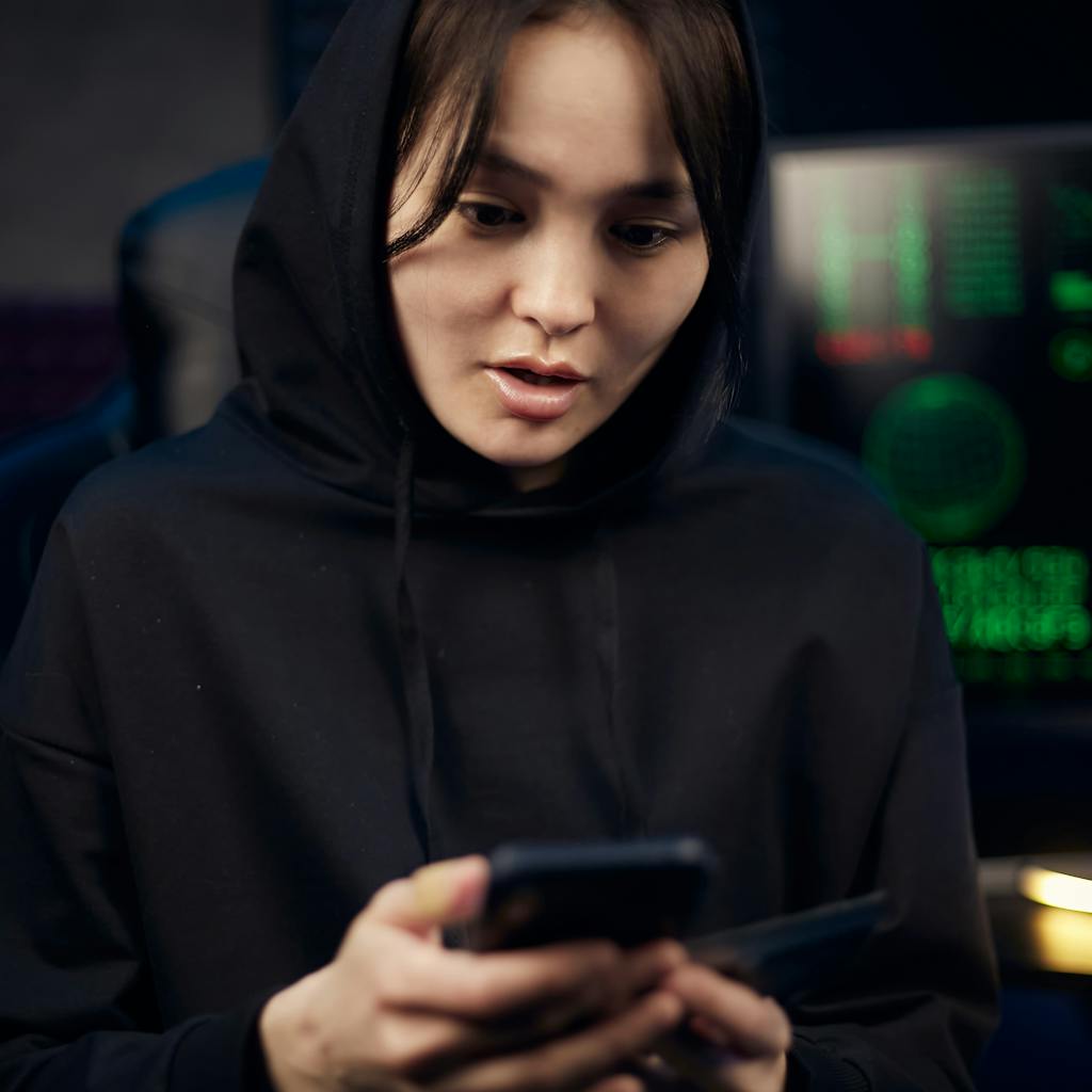 Woman in a hoodie looking at a phone, with a computer screen in the background.