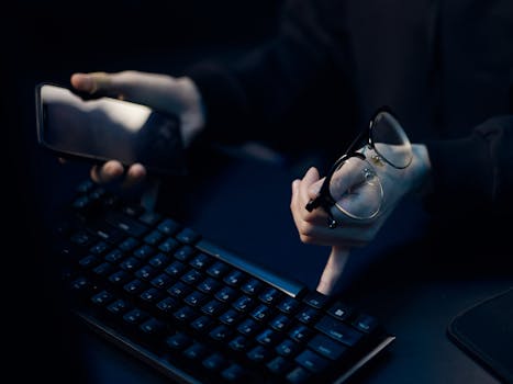 Close-up of hands using smartphone and computer keyboard, holding eyeglasses, focused workspace.