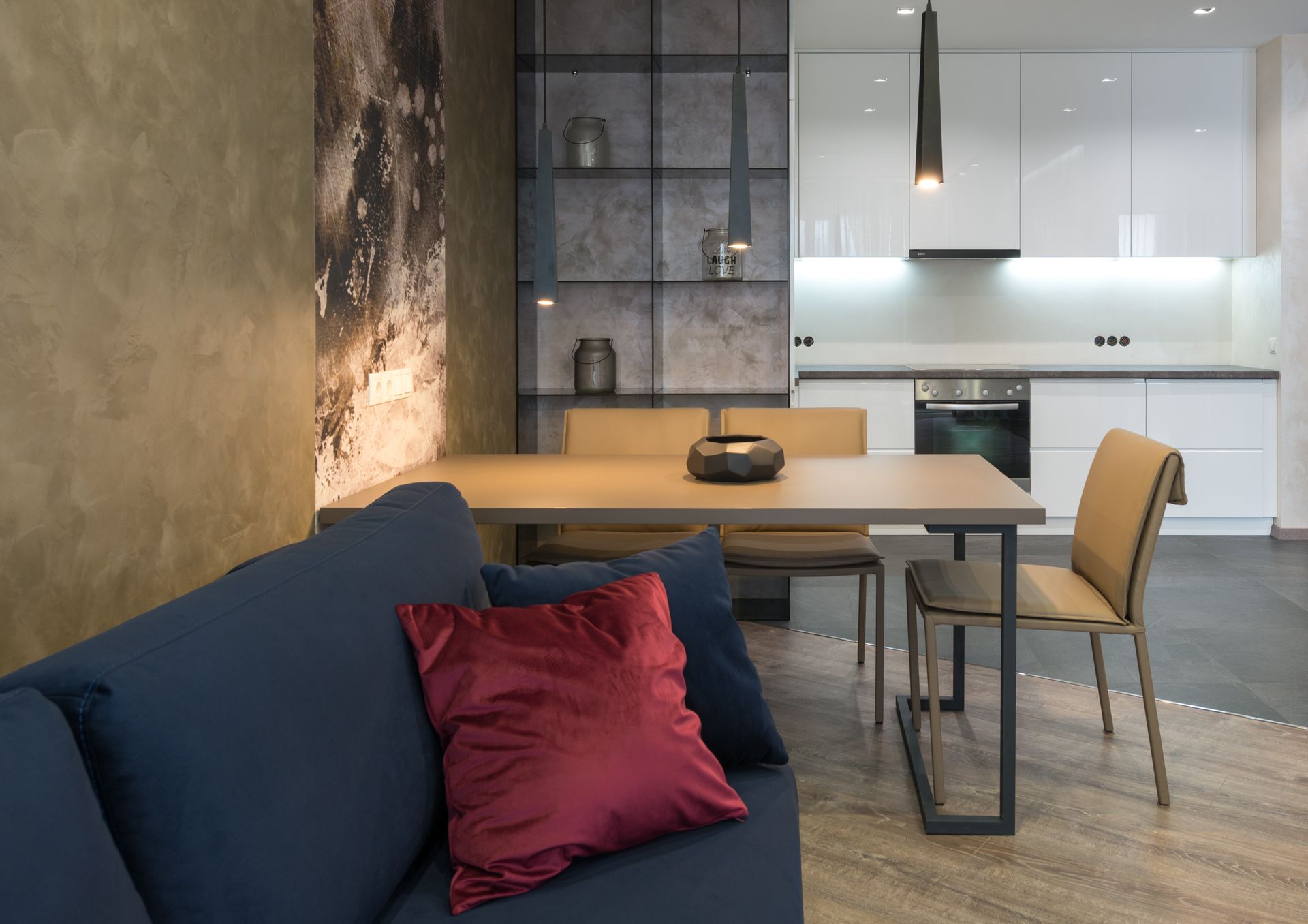 Elegant modern living room with minimalist design and contemporary furniture accents.