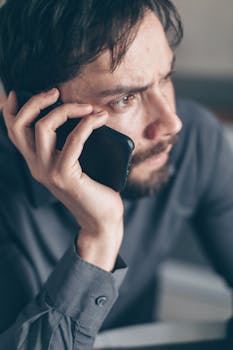Focused man with beard holding smartphone indoors, showing a thoughtful expression.