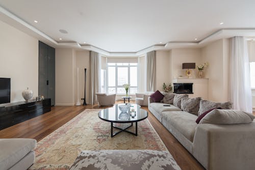 Comfortable sofa with cushions placed in front of coffee table and modern TV in spacious elegant living room decorated with ornamental carpet and flowers vases