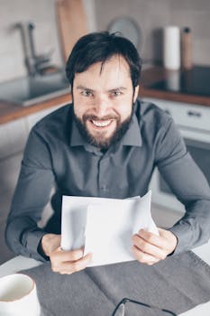 Smiling man with a beard holding financial documents indoors, conveying ease and positivity.