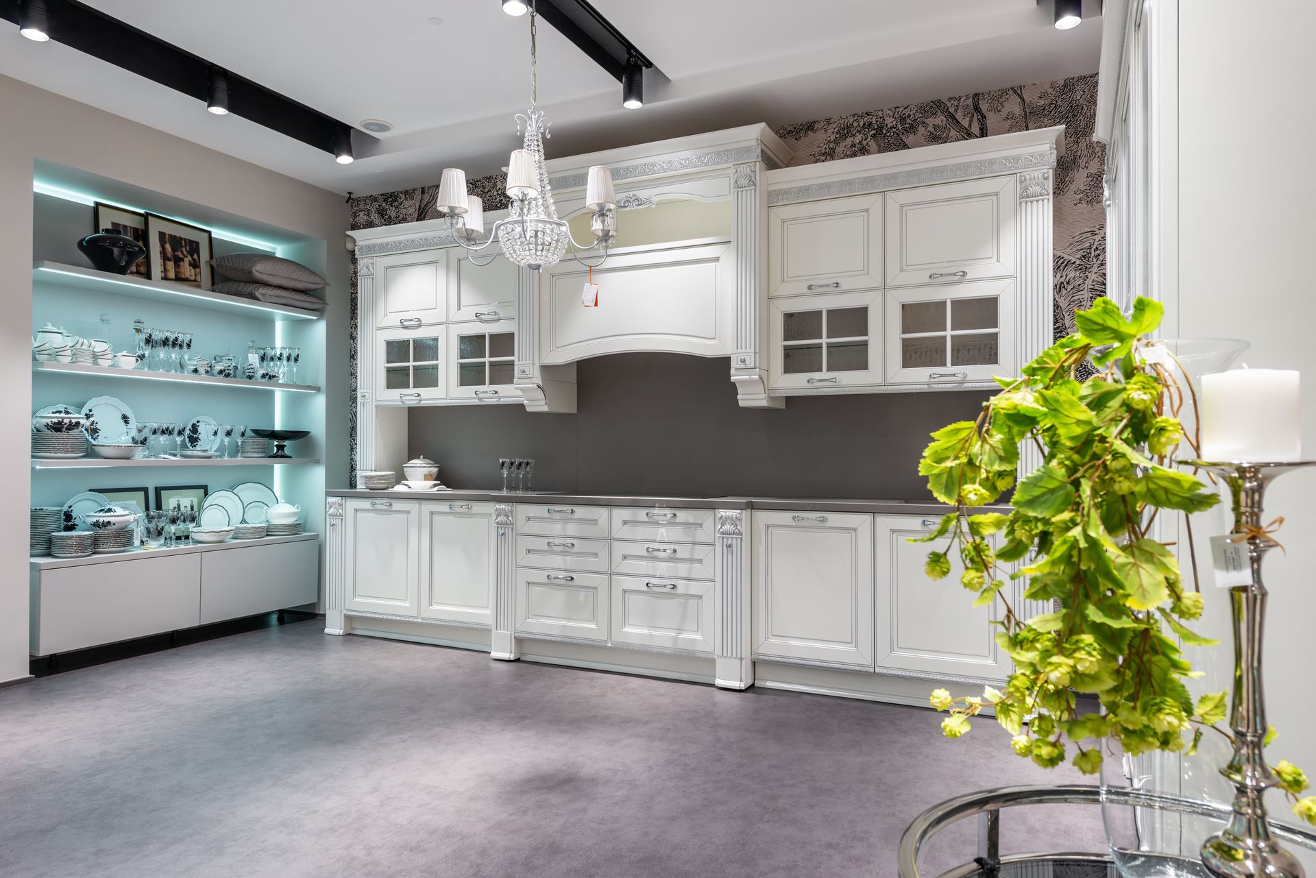 Stylish kitchen with white cupboard and cabinet and shelves
