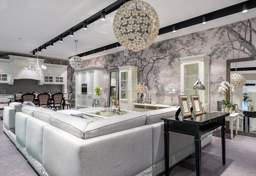 Modern living room with contemporary furniture and elegant decor, perfect for stylish interiors.