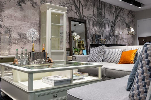 Sophisticated living room featuring contemporary furniture and elegant decor elements such as mirrors and wall art.