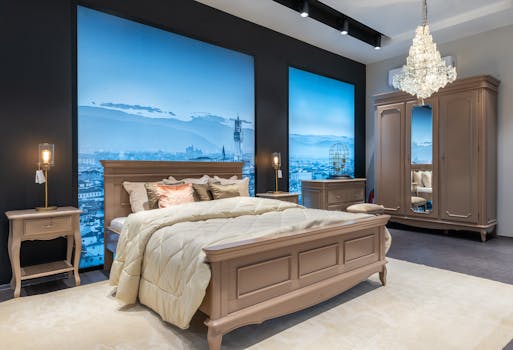 Luxurious bedroom design featuring classic furniture, a chandelier, and large cityscape artwork for visual interest.