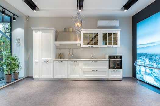 Elegant white classic styled furniture and modern appliances in spacious light kitchen with screen and panoramic window