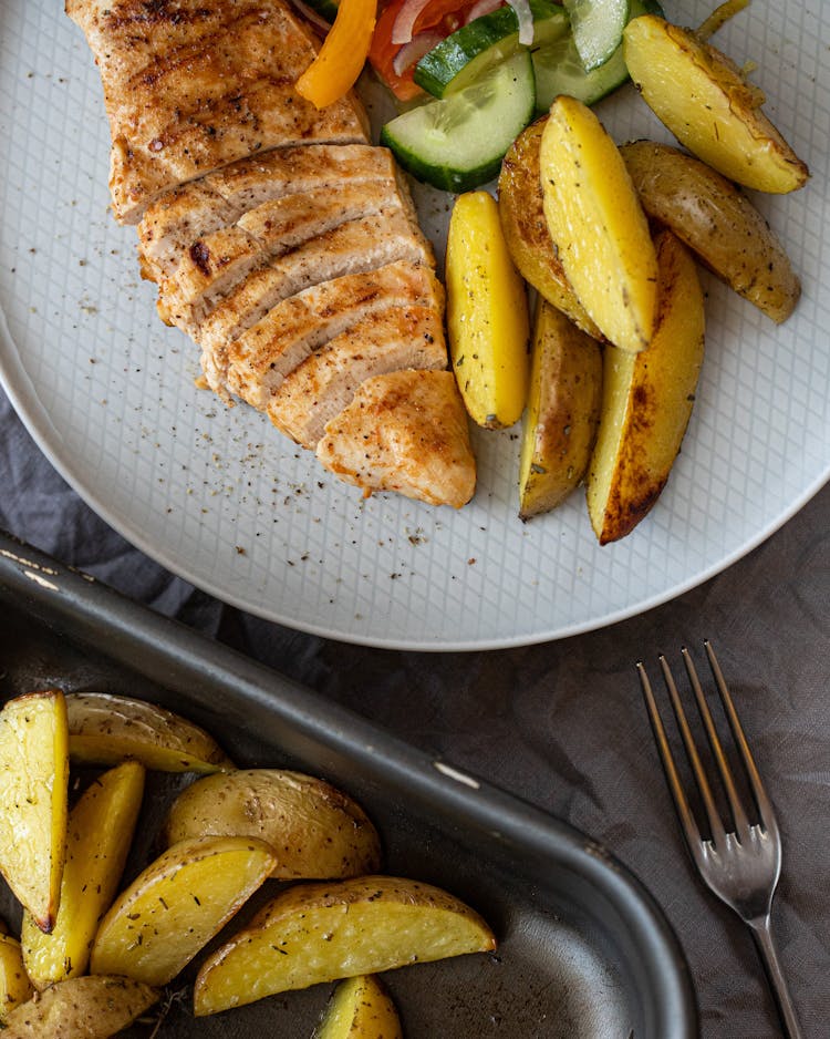 Fried Chicken With Potato And Salad On Plate