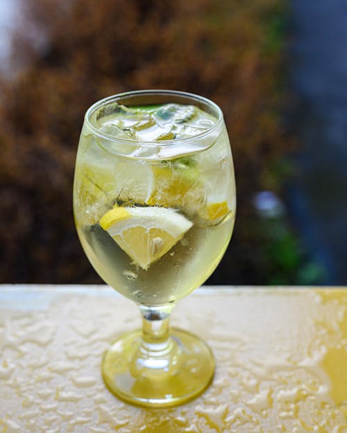 Glass of cold cocktail with lime mint and sliced lemon placed on wet table