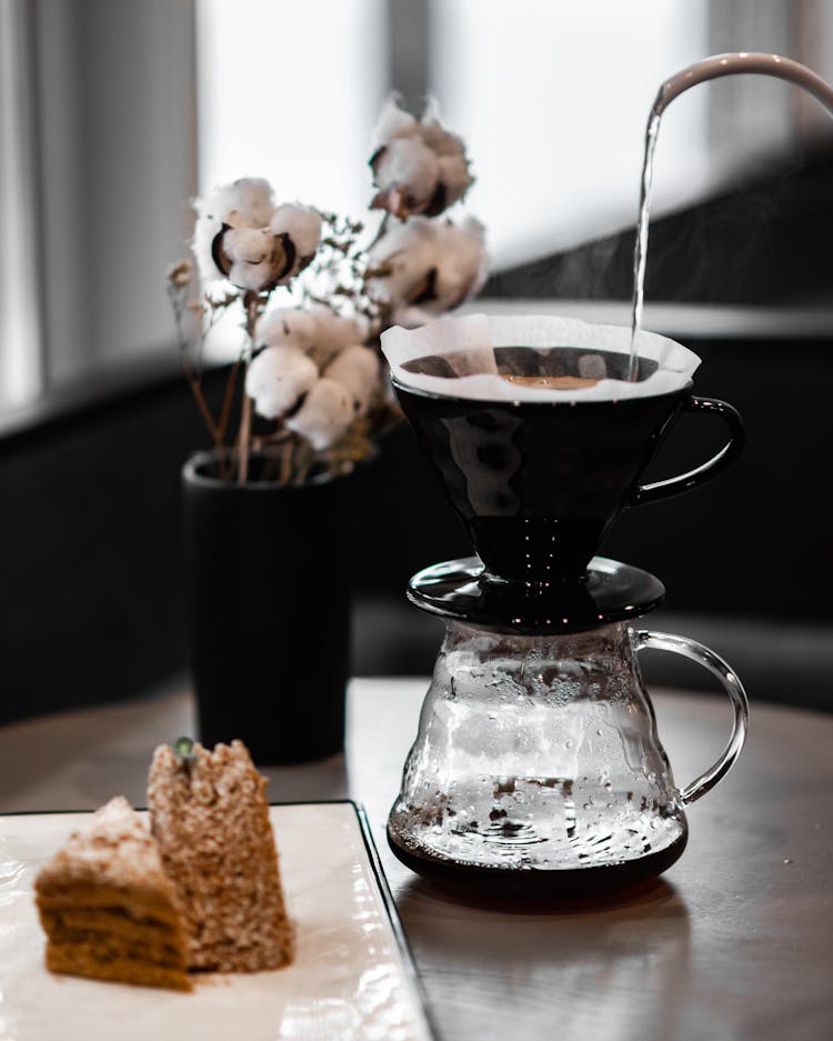 Pour Over Coffee And Cake On Table