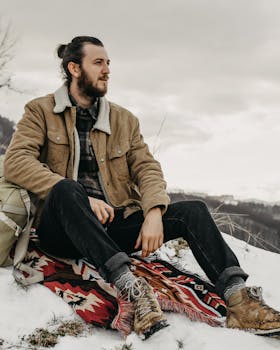 A thoughtful man sits on a snowy hilltop with a scenic backdrop, wearing a stylish winter jacket.