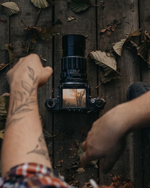 Hands setting up a vintage camera on wooden boards surrounded by autumn leaves.
