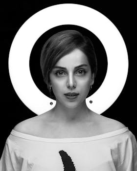 Black and white of stylish woman with makeup and cactus looking at camera against ring lamp