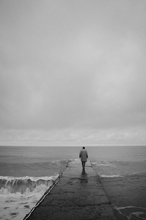 Free Back View Photography of Man Walking on a Sea Dock Stock Photo