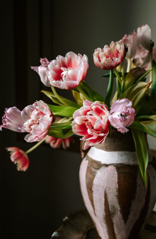 Free A close-up view of pink tulips arranged in a rustic vase, capturing natural beauty indoors. Stock Photo