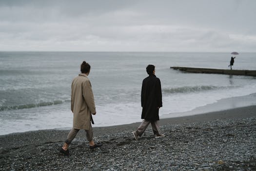 Two individuals walking on a rocky beach under a cloudy sky, evoking a somber mood.