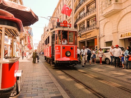 A Red Tram on the Street 