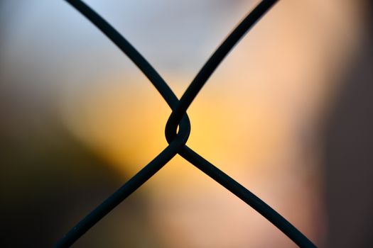 A close-up of a wire fence against a blurred sunset backdrop, creating a silhouette effect.