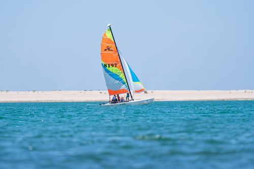 Free Vibrant sailboat sailing on clear blue waters against Dubai's sandy backdrop under a bright summer sky. Stock Photo