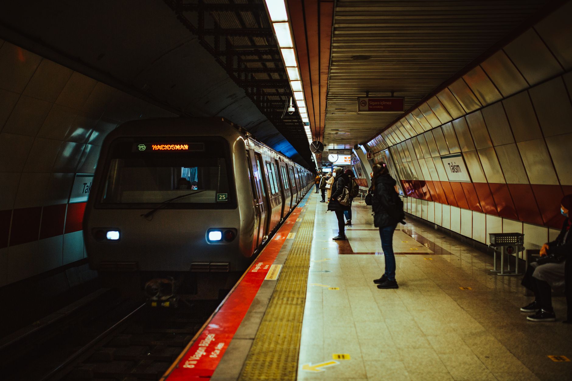 Sofia metro train arriving at Serdica station platform