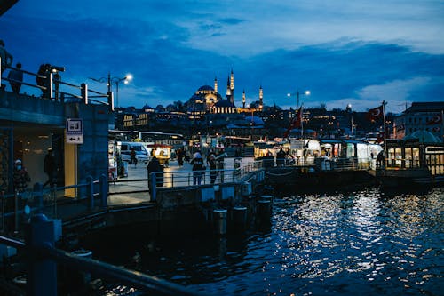 Picturesque cityscape of Bosphorus washing embankment of Istanbul against famous illuminated mosque in night time