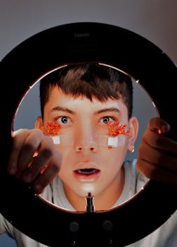 Young man with floral eye patches and surprised expression in a ring light.