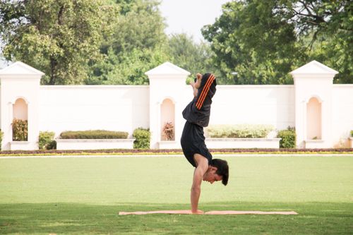 Free Young man performing a yoga handstand in a park on a sunny day, showcasing strength and balance. Stock Photo