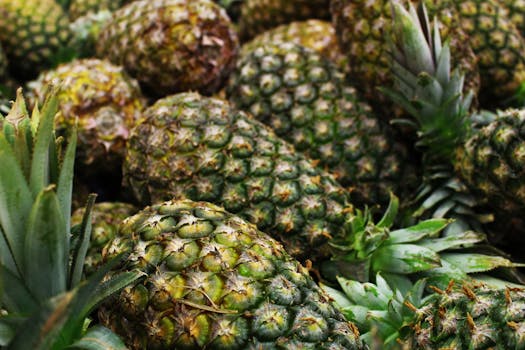 A close-up of fresh, ripe pineapples displaying vibrant green spikes and tropical textures.